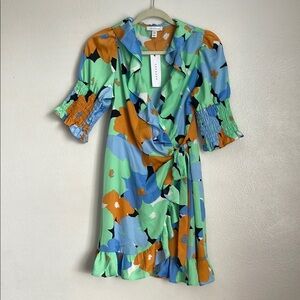 Topshop Green and Orange Midi Sundress with Puff Sleeves